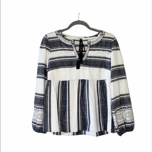 Crown & Ivy Striped Boho Long‎ Sleeve Tunic Top XS Shirt Metallic Tassel